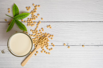 Fototapeta na wymiar Soy milk and soy bean it on white table background,healthy concept. Benefits of Soy.