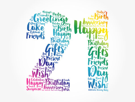 Happy 21st birthday word cloud collage concept