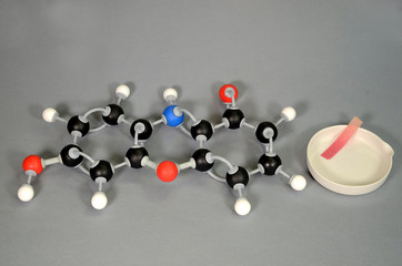 Molecule model of Litmus in red state with a piece of red litmus paper on a white plate. White is Hydrogen, black is Carbon, red is  Oxygen, and blue is Nitrogen.