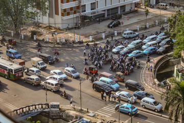 Jakarta, Indonesia - September 13, 2009: aerial view at a crossroad with many cars and motorbikes in a traffic jam © jokuephotography