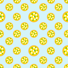 Fototapeta na wymiar Seamless repeat pizza pattern. Pizza with mozzarella and basil on the light blue background. Vector illustration for banners, posters, cards, wrapping paper, packaging