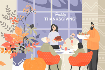 Vector illustration of a happy family celebrating Thanksgiving