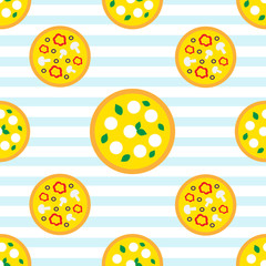 Original seamless pizza pattern. Ornament with pizza on the light blue and white stripped background. Vector illustration for cards, banners, posters, invitation, wrapping paper, packaging