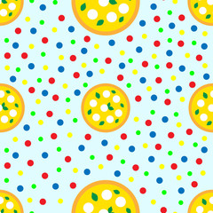 Fun seamless pizza pattern with confetti on the light blue background. Colorful ornament for celebrate cards, banners, posters, invitation, wrapping paper. Vector illustration