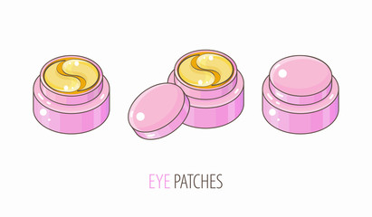 Set hydrogel golden cosmetic eye patch in a pink jar. Cosmetic product for skin. Patches under the eyes. ollagen mask. Korean cosmetics. Facial skin care. Beauty product for eye care