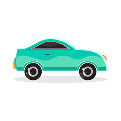Fototapeta premium Green cartoon car in flat vector. Transport vehicle. Toy car in children's style. Fun design for sticker, logo, label. Isolated object on white background. The view from the side.
