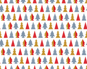 Abstract new year holiday seamless pattern in vector. Geometric forest. Christmas trees gold, red and silver in the snow. Simple minimalist trees. Scandinavian style.