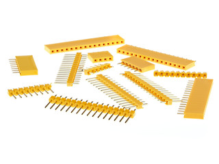 Macro shot of a group of 2.54mm Single Row Female and Male Pin Header connectors, isolated on white