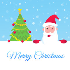 Fototapeta na wymiar Santa Claus, christmas tree fir flat style design icon sign vector illustration greeting postcard. Symbol of xmas holiday celebration isolated on snow background.