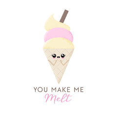 Vector illustration of a happy ice cream cone with lettering - You make me melt.