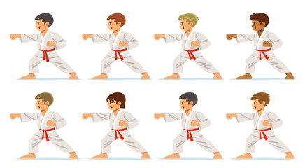 Kids wearing kimono and karate training. Young, beautiful, successful multi ethical kids in karate positive © Bahauaddinbek