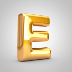 Golden metallic balloon letter E uppercase isolated on white background.