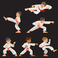 Set of karate boys characters in different positions. Character set, karate workout. © Bahauaddinbek