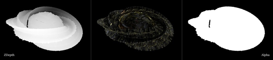 Black-gold futuristic space station / ship with transparency channel and depth map