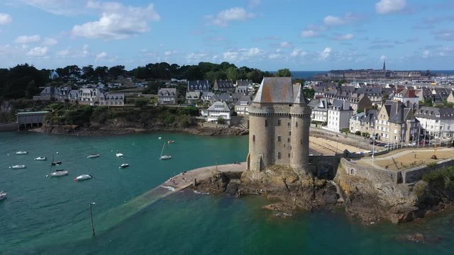 Aerial view of Saint Servan and the Solidor tower, Saint Malo in French Brittany, France.