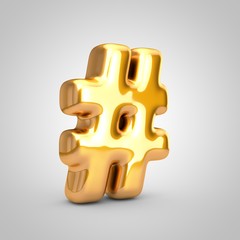 Golden metallic balloon hashtag symbol isolated on white background.