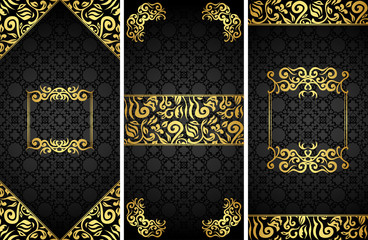 Set of templates for cards or invitations. Vintage floral gold decoration on a black seamless background