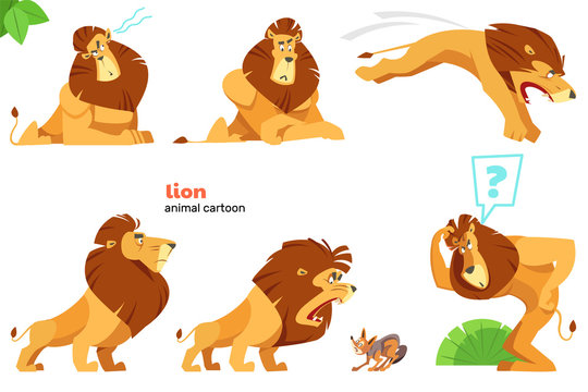 Lion. Set of cute lion character with different action poses, isolated on white background