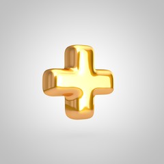 Golden metallic balloon plus symbol isolated on white background.