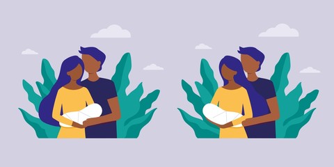 black skin mother and father with newborn baby on arms. Happy parents family concept. congratulations on a child, kids clothes. Baby shower Invitation. Mom and dad nursing baby