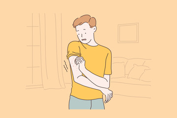 Patient allergic reaction, eczema symptoms concept. Man with rash on arm, scared boy scratching itch pimples, frightened guy skin irritation in ankle area. Simple flat vector
