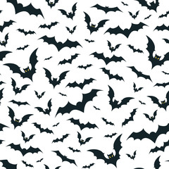 Seamless Halloween pattern with black bats isolated on white background.