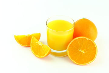 glass of orange juice and fresh orange fruits isolated on a white background
