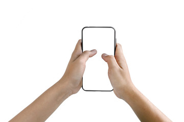 Human hand holding a smart phone black screen white Isolated on white background