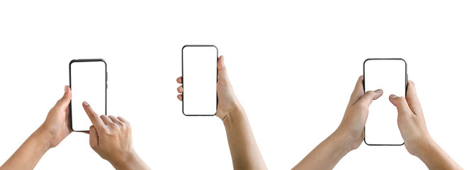Obraz na płótnie Canvas Human hand holding a smart phone black screen white Isolated on white background