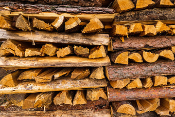 wooden piles as a background from freshly cut trees, wood for fireplace 
