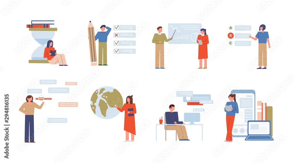 Poster online education flat vector illustrations set. e learning, university distance classes. exam prepar