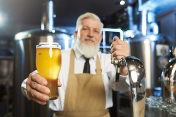 Elderly barman holding cold glass with lager beer.