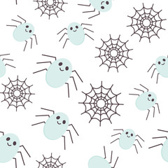 Vector Halloween Seamless Pattern of Spiders and Spiderweb icons. Cute Nursery room wallpaper, frame, card. Pastel colors scared Cartoon character isolated on white. Printable