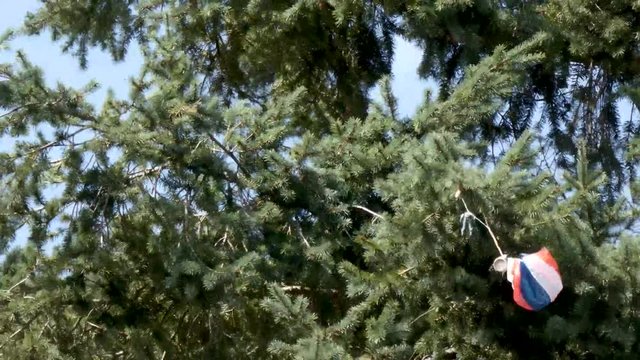 toy parachute man hanging from a green tree
