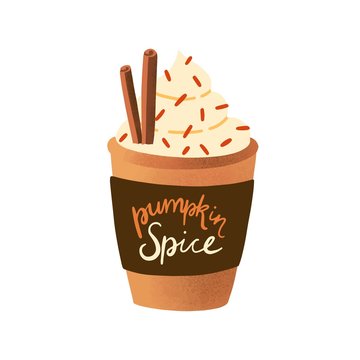 Pumpkin spice latte in disposable cup flat vector illustration