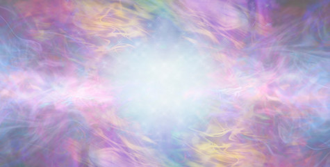 Fototapeta na wymiar Beautiful Ethereal Special Occasion Multicoloured Background - artistic gaseous flowing background with copy space and central blue white light burst
