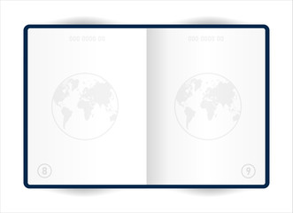 Realistic opened template passport on white background. Document for travel and immigration. Vector illustration.