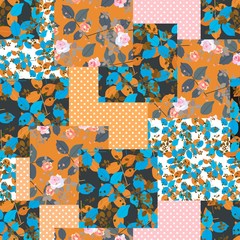 Patchwork seamless pattern from different patches with floral design and polka dot. - obrazy, fototapety, plakaty