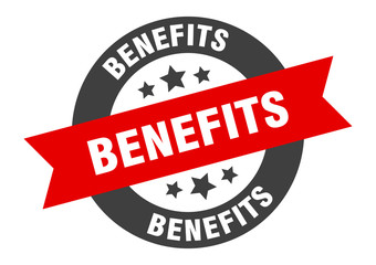 benefits sign. benefits black-red round ribbon sticker