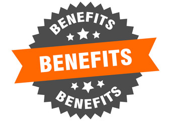 benefits sign. benefits orange-black circular band label