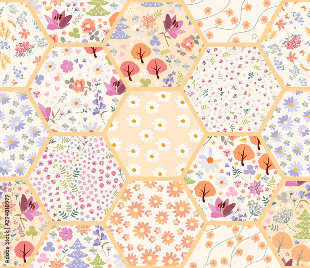Wall mural patchwork seamless pattern from hexagon floral patches. fairytale forest with flowers and trees. cut