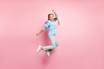 Full length body size side profile photo of cheerful positive cute ecstatic overjoyed girl...