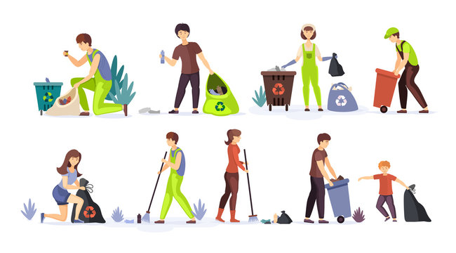 People collect garbage, plastic waste for recycling. Volunteers clean up household wastes raking sweeping put trash in bags and trash cans. Saving and protecting the environment from pollution vector