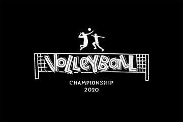 Volleyball hand written lettering logo, emblem with players, ball and net.