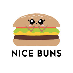 Vector illustration of a cute hamburger with a kawaii face. Nice Buns. Funny food concept.