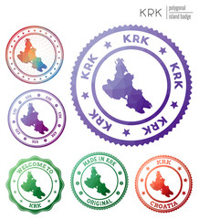 Krk badge. Colorful polygonal island symbol. Multicolored geometric Krk logos set. Vector illustration.