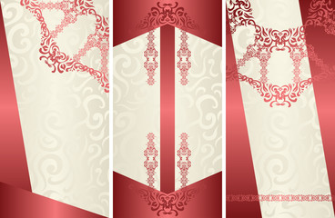 Set of three vintage cards with luxury red borders. Seamless wallpaper. Valentine's Day design