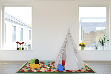 Wall mock up.Scandinavian style children's room with large windows.3D illustration.