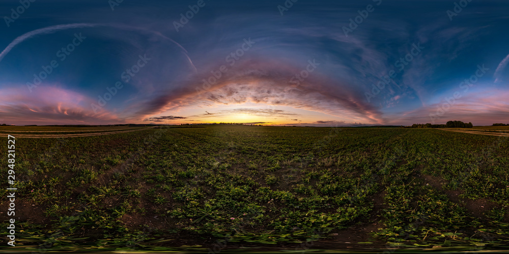 Wall mural full seamless spherical hdri panorama 360 degrees angle view on among fields in autumn evening sunse