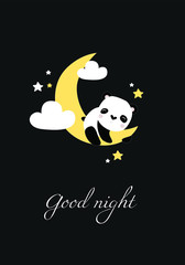 Vector poster "Good night" with a sleeping panda on the moon. cartoon panda. Night.